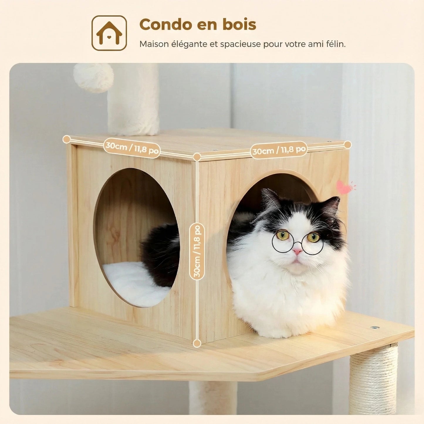 Arbre à Chat en Bois 143 cm - Coussins Lavables, Niche Cube & Sisal