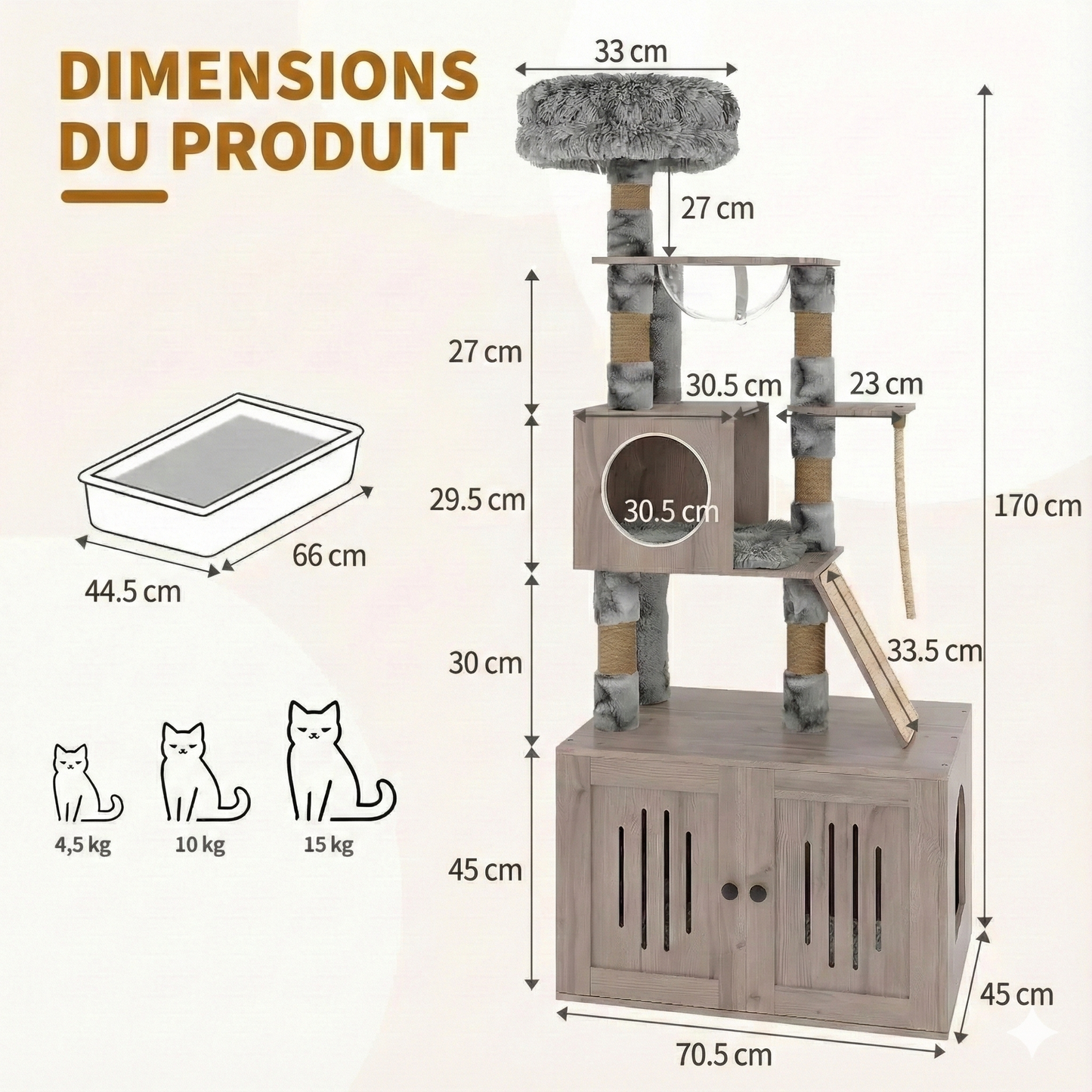 Meuble Arbre à Chat 170 cm avec Cache-Litière Intégré - Bois, Capsule & Rangement