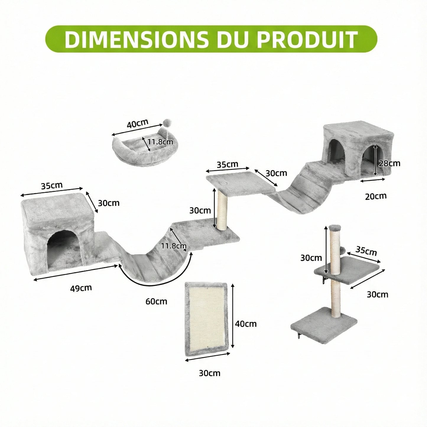 Parcours Mural pour Chat 8 Pièces - Ensemble Complet avec Niches, Pont & Griffoirs