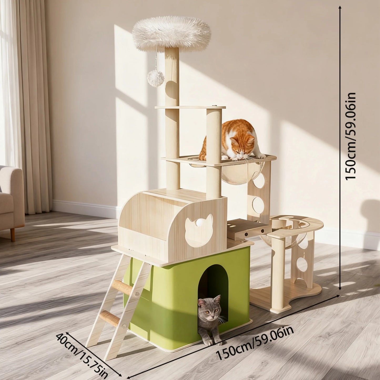 Arbre à Chat Bois XXL 150cm - Tour d'Escalade, Niche Cube Verte & Capsule
