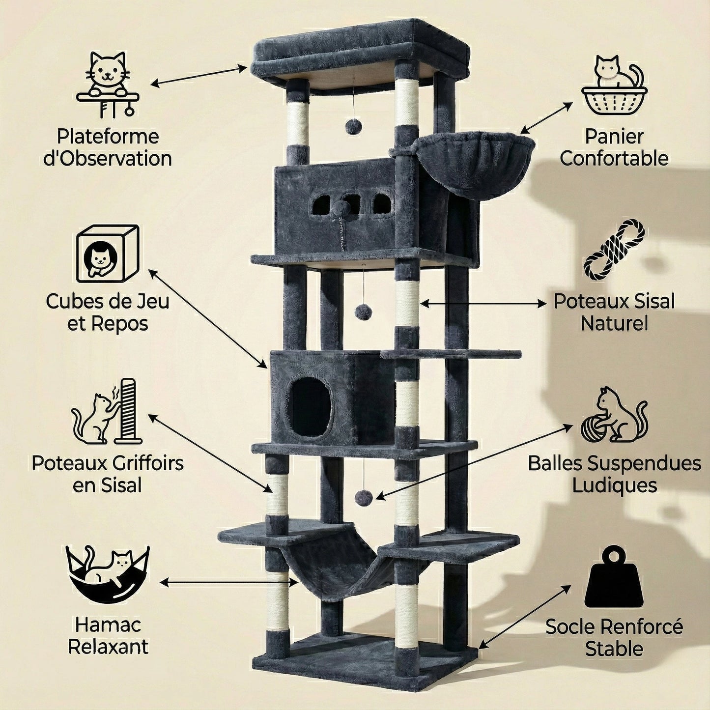 Arbre à Chat XXL pour Maine Coon & Multi-Chats 210 cm