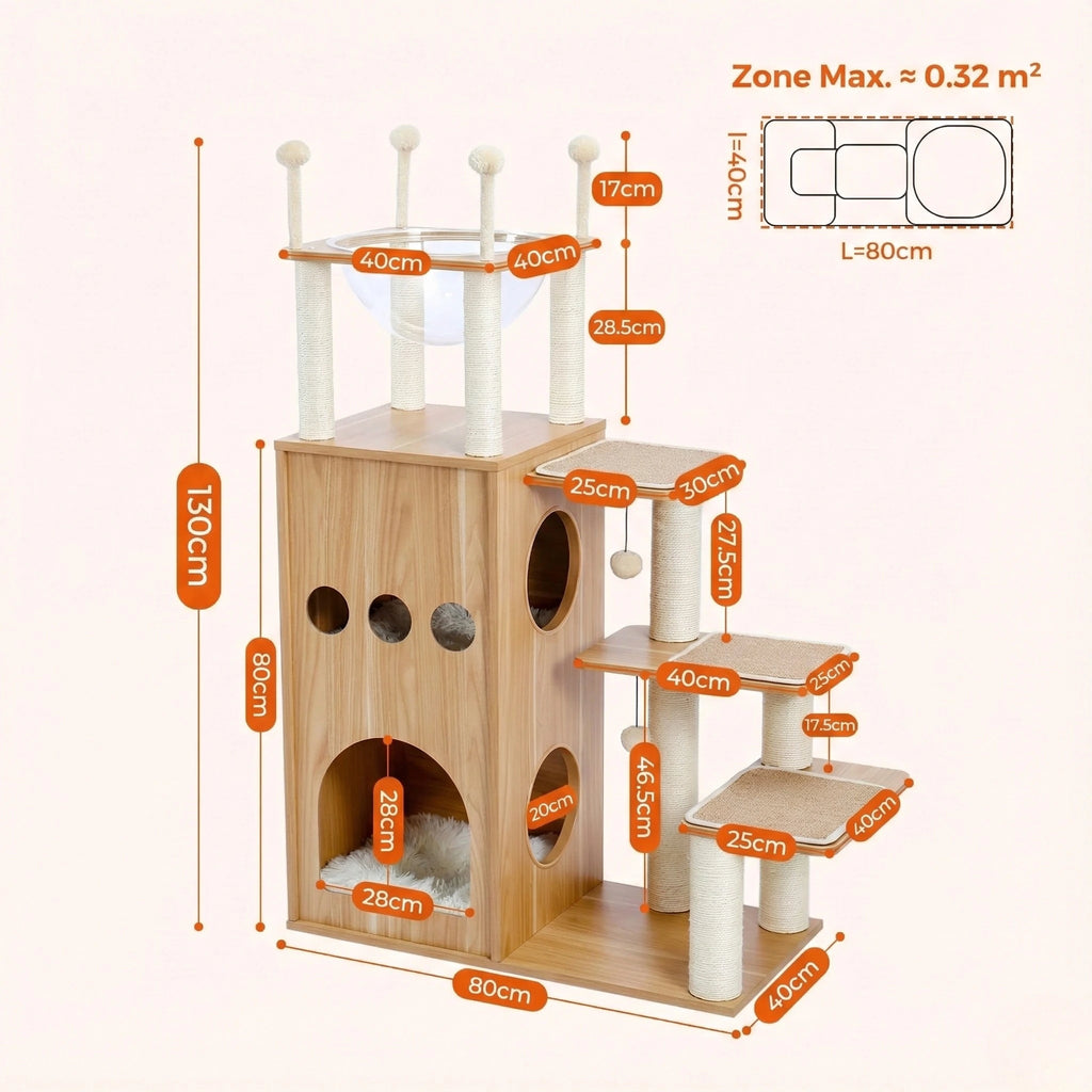 Arbre à Chat Bois Moderne "Le Château" 130 cm - Capsule Transparente & Coussins Lavables
