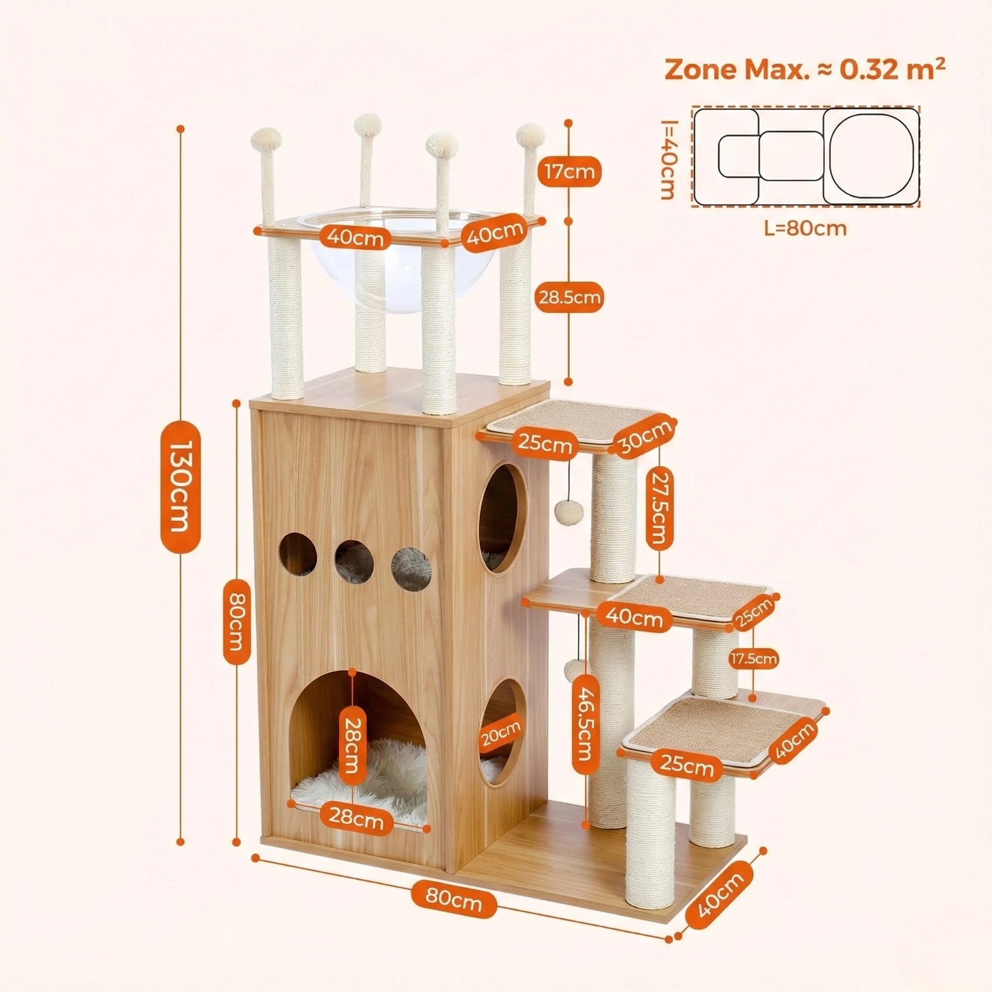 Arbre à Chat Bois Moderne "Le Château" 130 cm - Capsule Transparente & Coussins Lavables