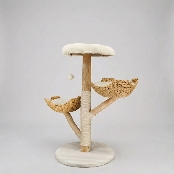 Arbre à Chat "Boho Chic" en Bois Naturel & Panier Fleur Tressé (111 cm)