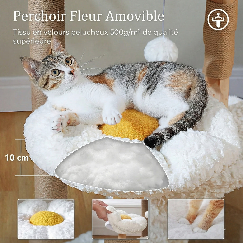 Arbre à Chat Design Fleur & Rotin 123 cm - Panier Tissé & Bois