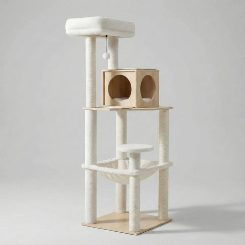 Arbre à Chat en Bois 143 cm - Coussins Lavables, Niche Cube & Sisal