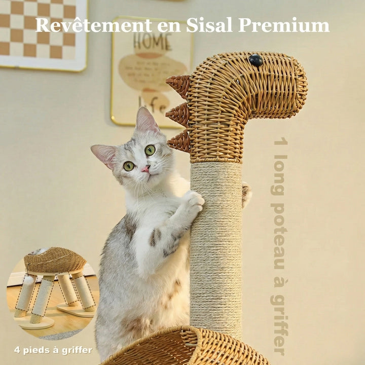 Arbre à Chat Design "Le Dino" 116 cm - Rotin Tissé & Sisal Naturel