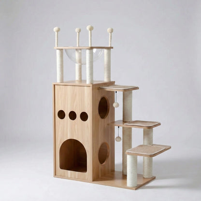Arbre à Chat Bois Moderne "Le Château" 130 cm - Capsule Transparente & Coussins Lavables