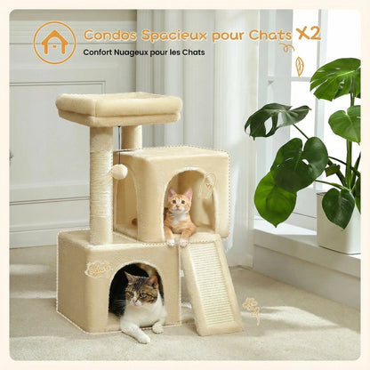 Arbre à Chat Compact 77cm "Le Douillet" - Double Niche & Perchoir Rembourré | Les Arbres à Chat