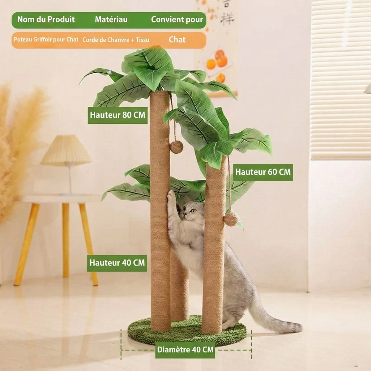 Arbre à Chat Plante "Le Tropical" - Griffoir Design (Feuillage & Sisal)