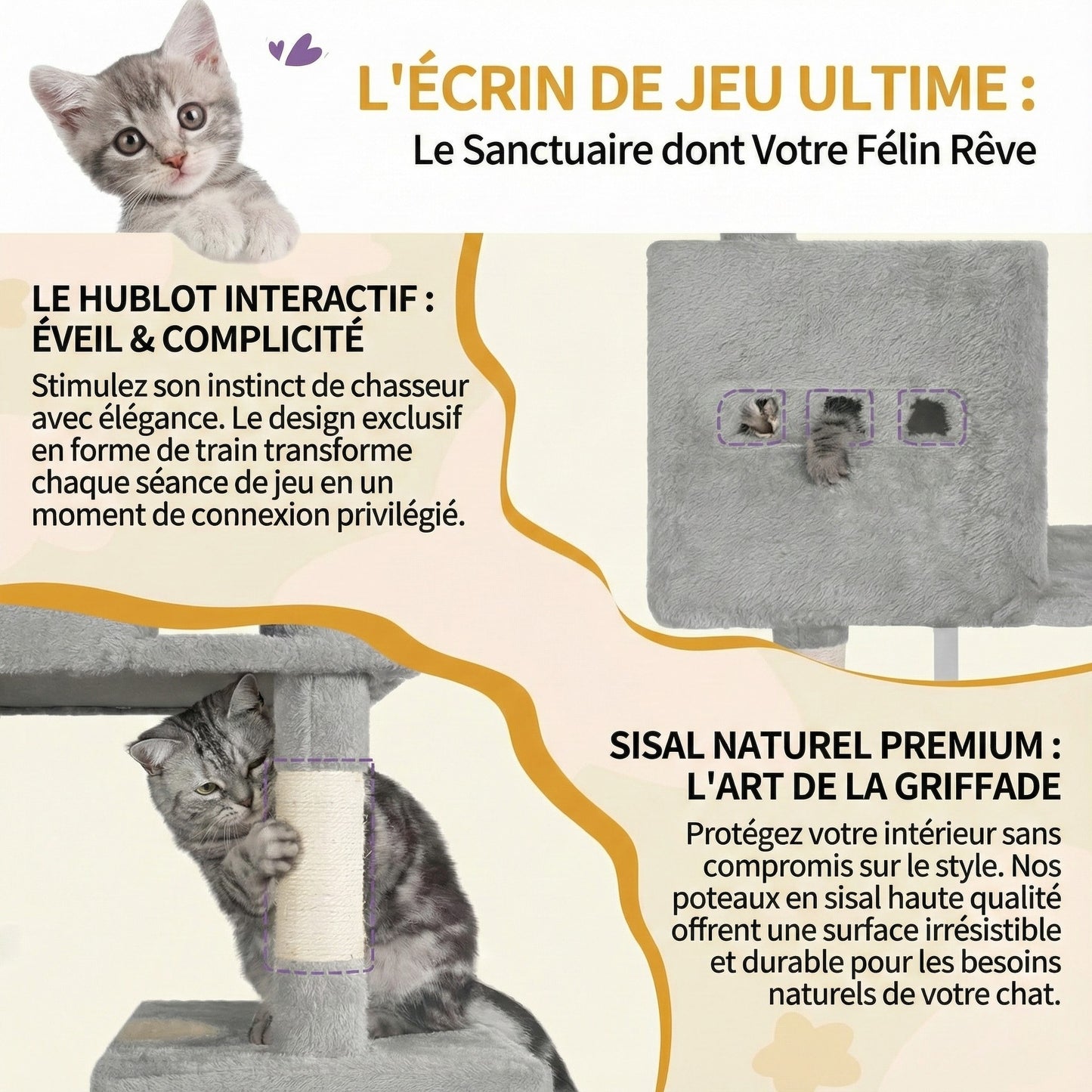 Arbre à Chat Géant 193cm - 7 Niveaux, 3 Niches & Griffoirs en Sisal