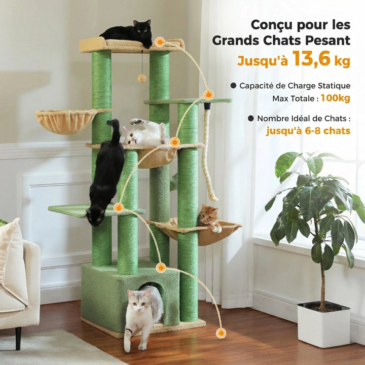 Arbre à Chat XXL 170 cm "Le Bastion" - Base Renforcée (24kg) & 3 Hamacs Acier