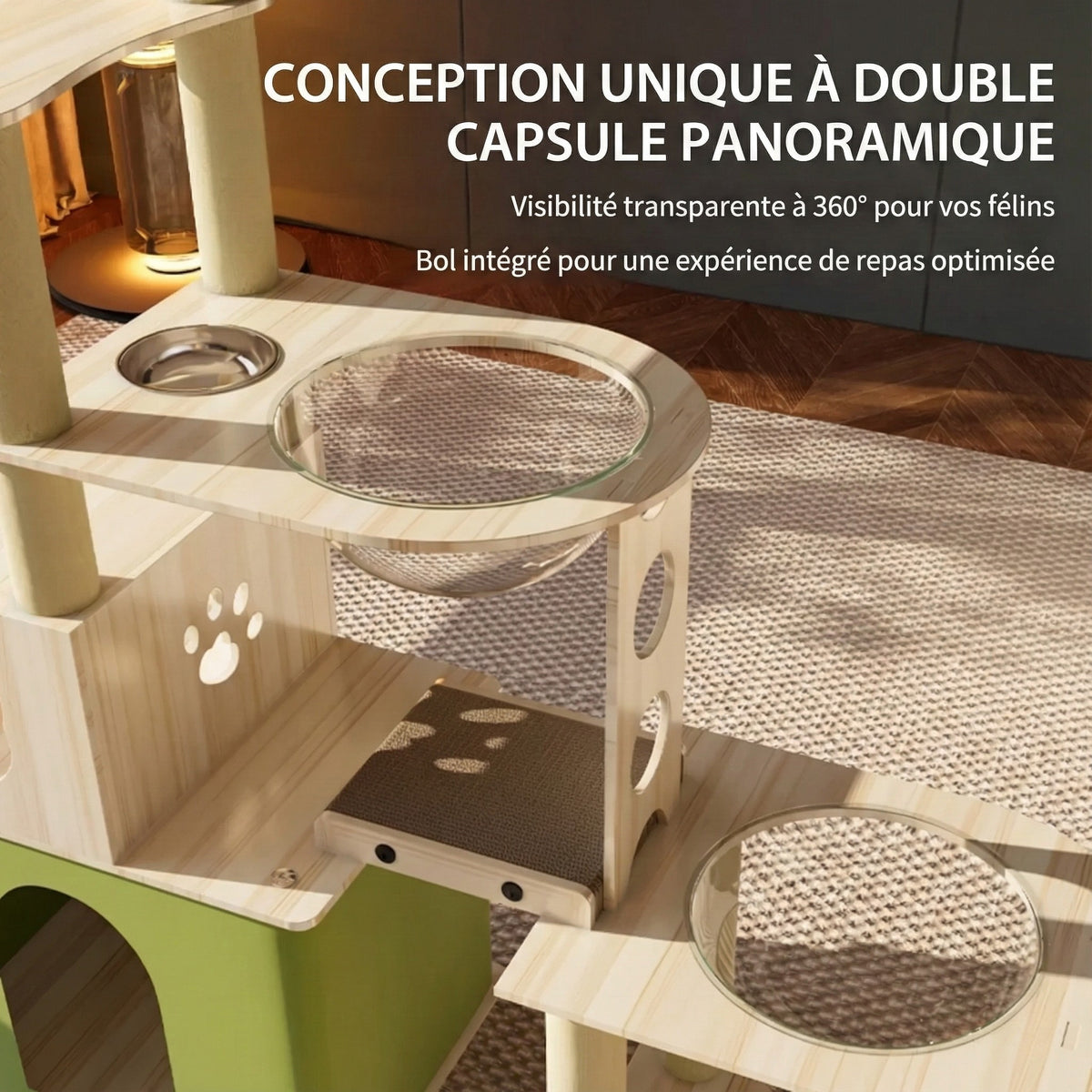 Arbre à Chat Bois XXL 150cm - Tour d'Escalade, Niche Cube Verte & Capsule