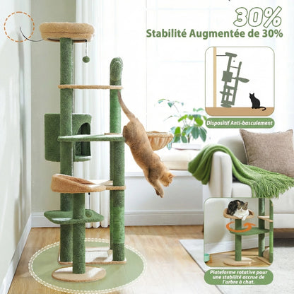 Arbre à Chat Bois Moderne "Le Château" 130 cm - Capsule Transparente & Coussins Lavables