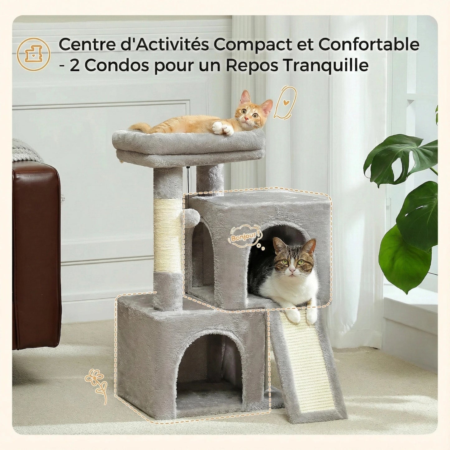 Arbre à Chat Compact 77cm "Le Douillet" - Double Niche & Perchoir Rembourré | Les Arbres à Chat