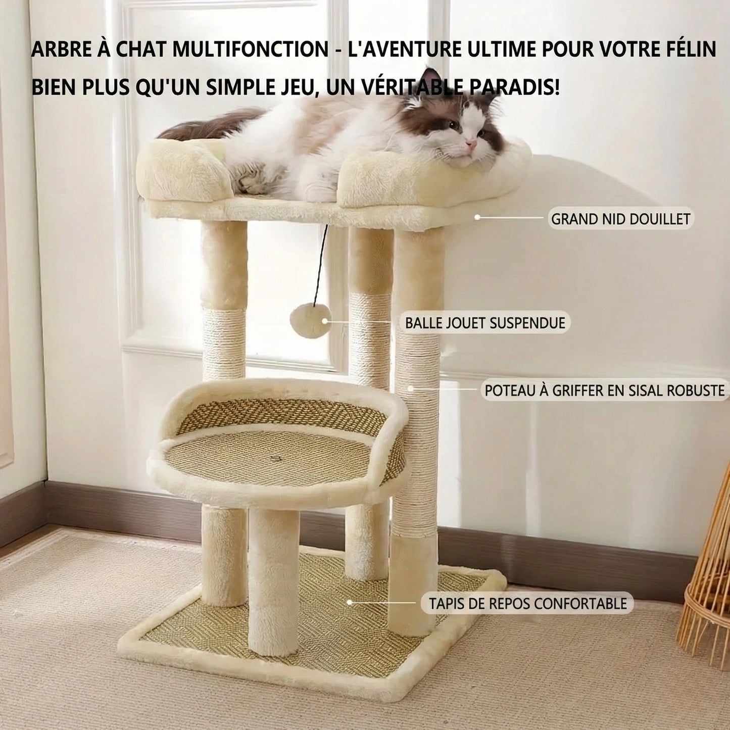 Arbre à Chat "Le Rafraîchissant" - Tissage Anti-Poils & Base 4 Piliers