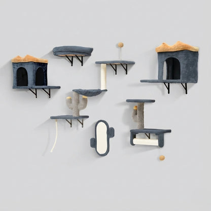 Parcours Mural Chat "Urban Cactus" 7 Pièces - Gris & Jaune avec Niche & Hamac