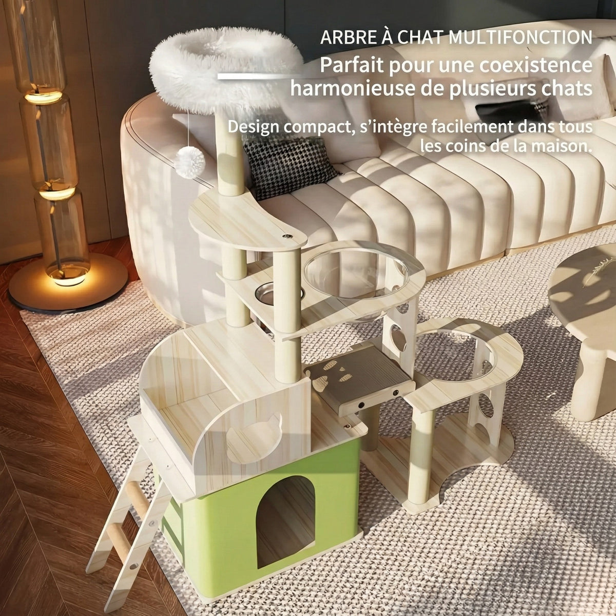 Arbre à Chat Bois XXL 150cm - Tour d'Escalade, Niche Cube Verte & Capsule