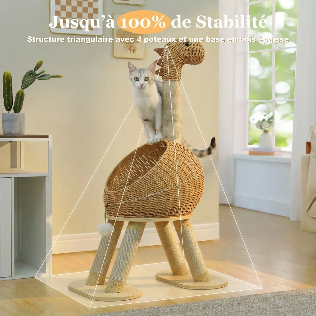 Arbre à Chat Design "Le Dino" 116 cm - Rotin Tissé & Sisal Naturel