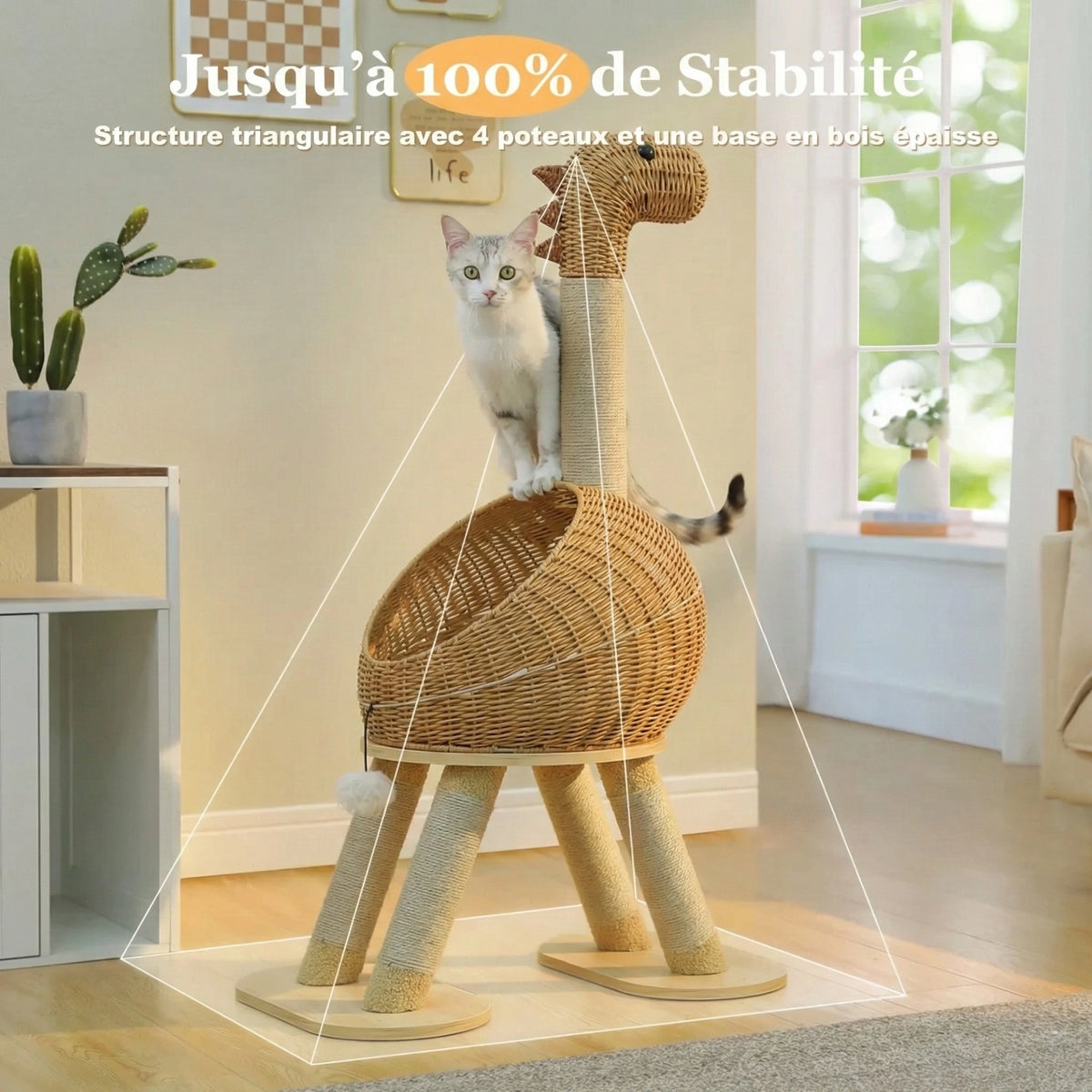 Arbre à Chat Design "Le Dino" 116 cm - Rotin Tissé & Sisal Naturel