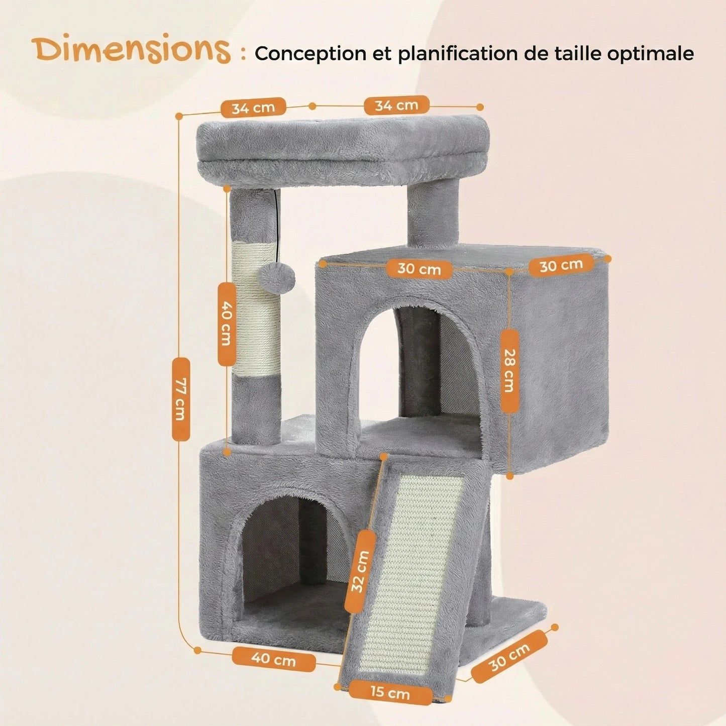 Arbre à Chat Compact 77cm "Le Douillet" - Double Niche & Perchoir Rembourré | Les Arbres à Chat