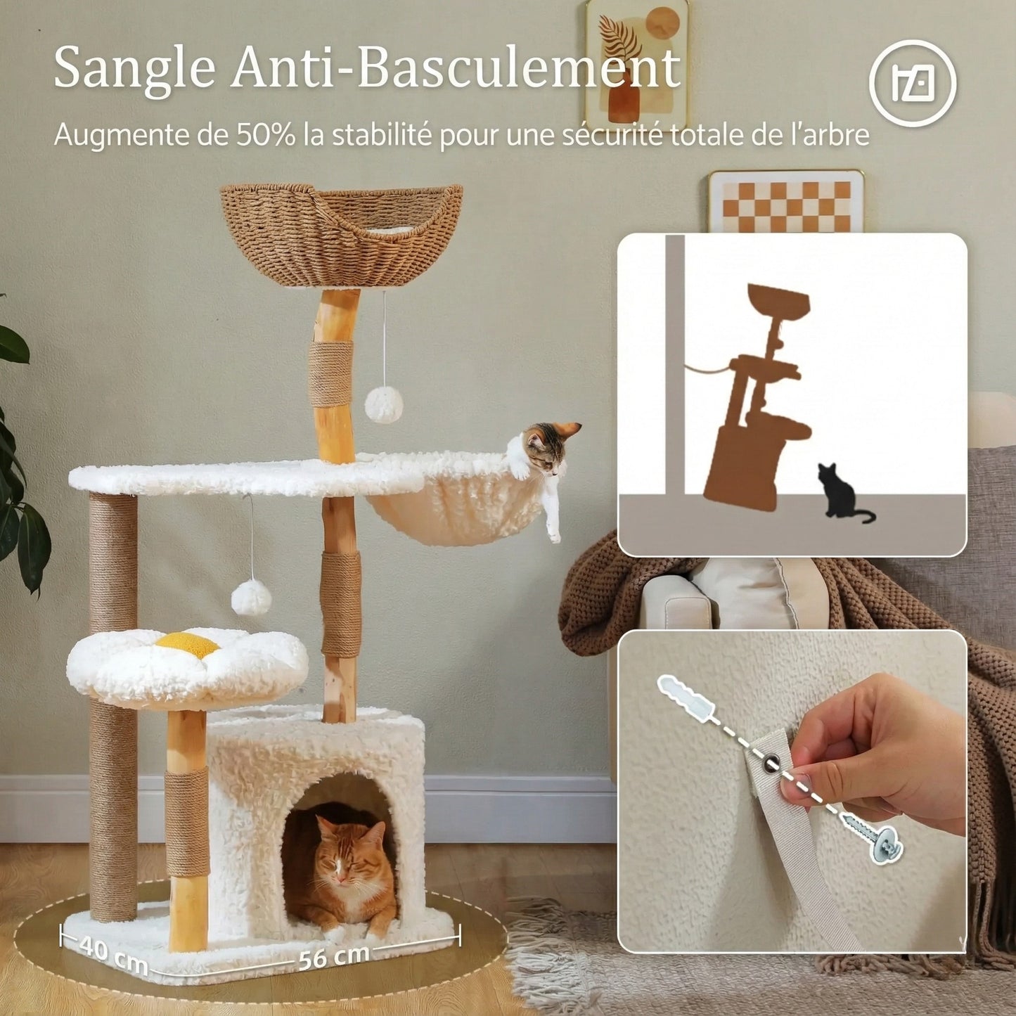 Arbre à Chat Design Fleur & Rotin 123 cm - Panier Tissé & Bois