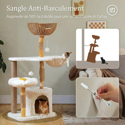 Arbre à Chat Design Fleur & Rotin 123 cm - Panier Tissé & Bois