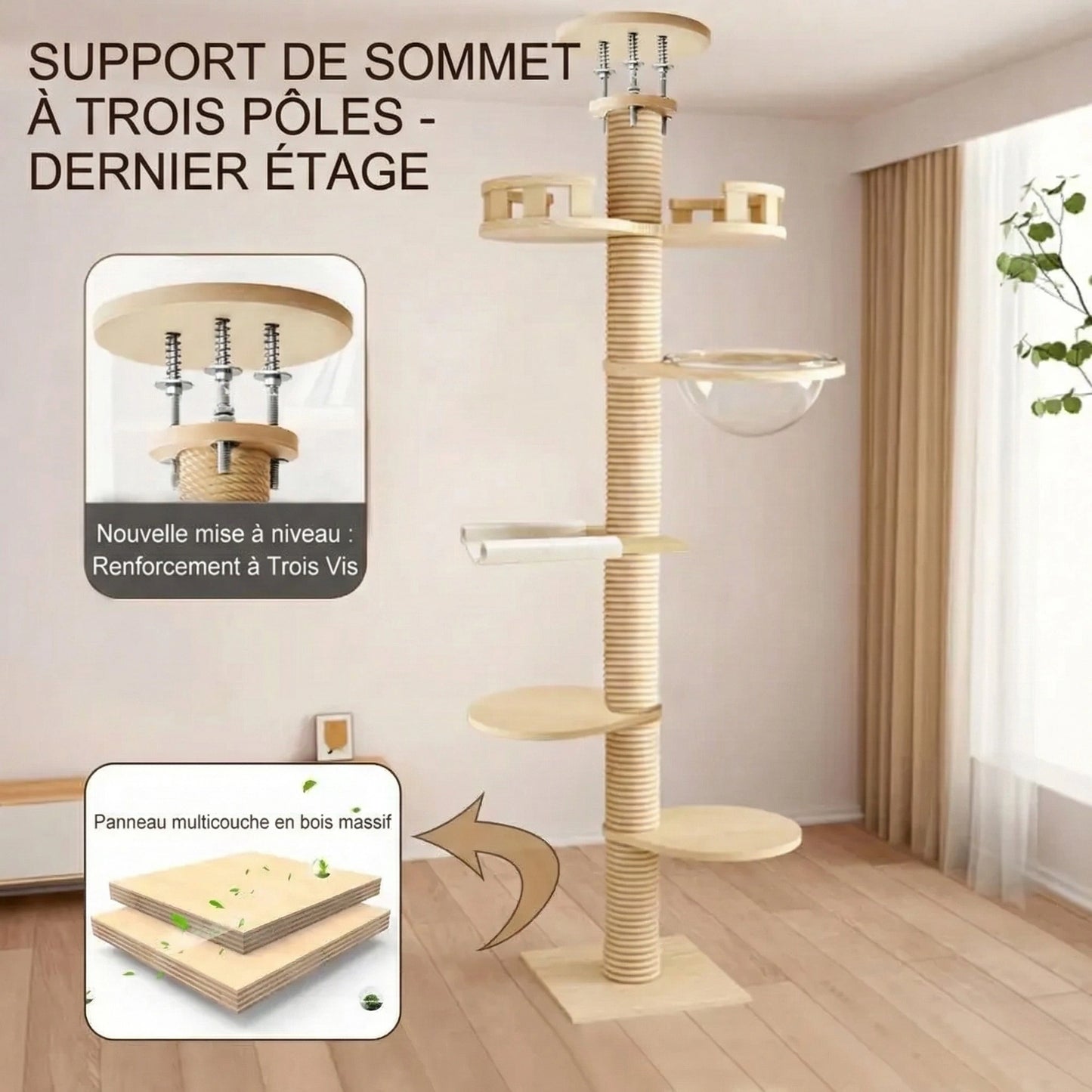 Arbre à Chat Plafond "Le Zénith" - Bois Massif & Fixation Triple Sécurité
