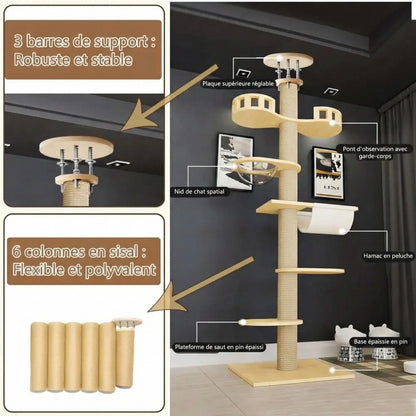 Arbre à Chat Plafond "Le Zénith" - Bois Massif & Fixation Triple Sécurité
