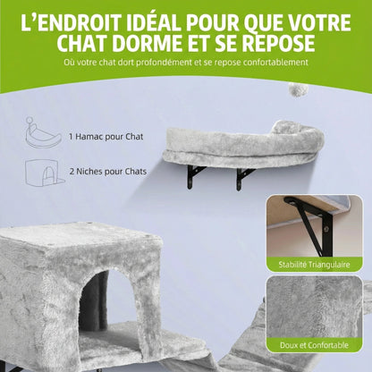 Parcours Mural pour Chat 8 Pièces - Ensemble Complet avec Niches, Pont & Griffoirs