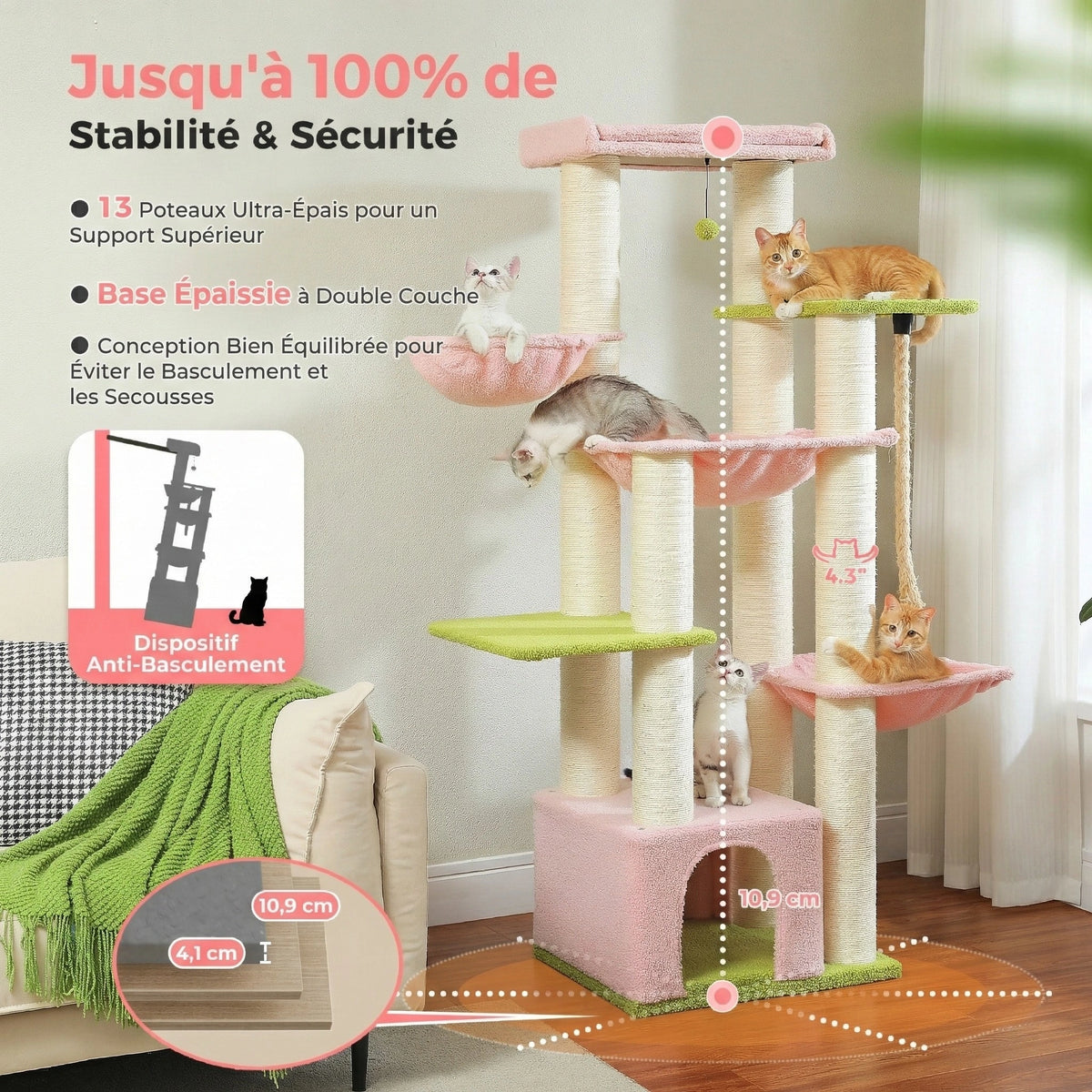 Arbre à Chat XXL 170 cm "Le Bastion" - Base Renforcée (24kg) & 3 Hamacs Acier