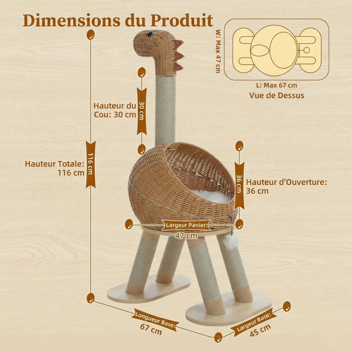 Arbre à Chat Design "Le Dino" 116 cm - Rotin Tissé & Sisal Naturel