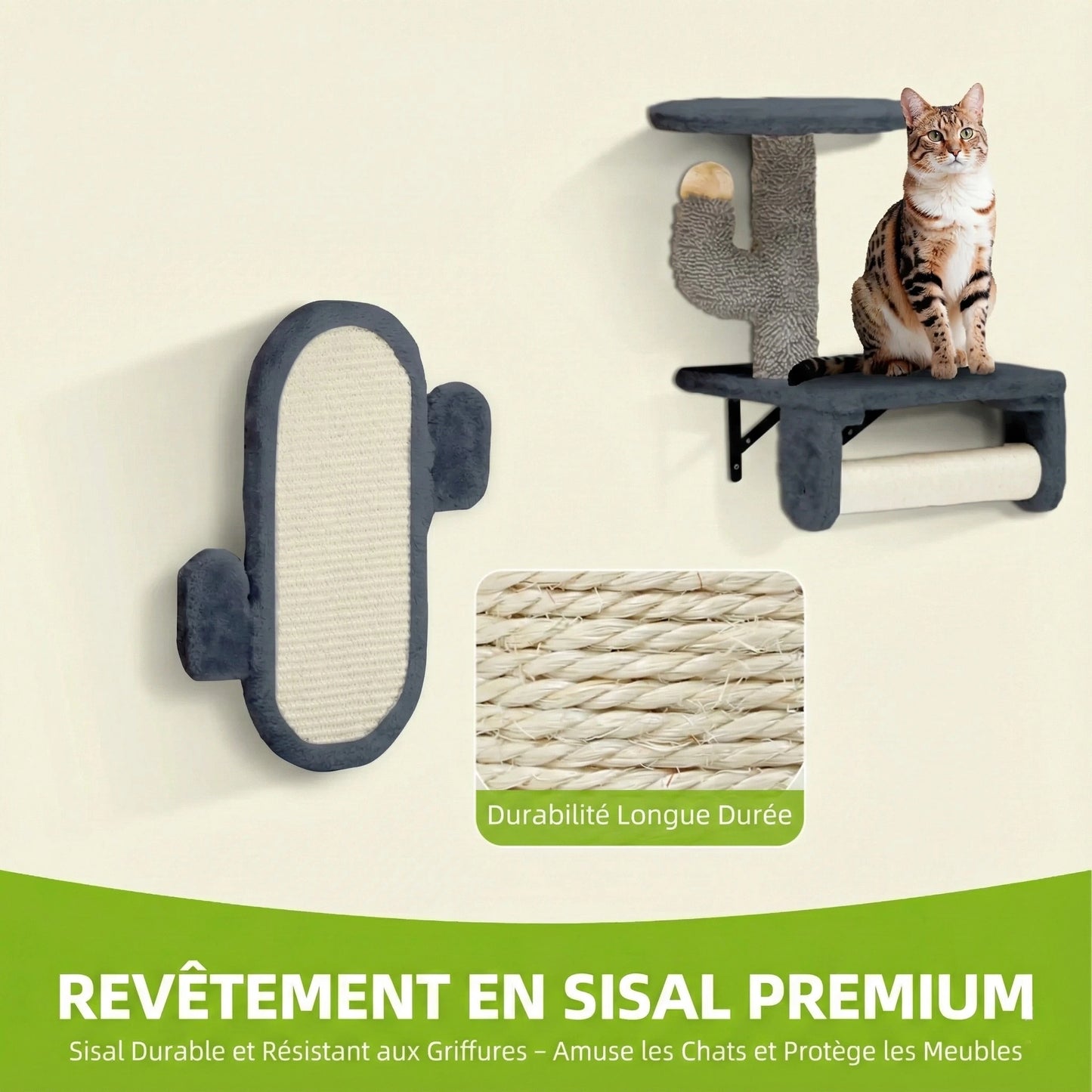 Parcours Mural Chat "Urban Cactus" 7 Pièces - Gris & Jaune avec Niche & Hamac