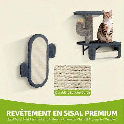 Parcours Mural Chat "Urban Cactus" 7 Pièces - Gris & Jaune avec Niche & Hamac