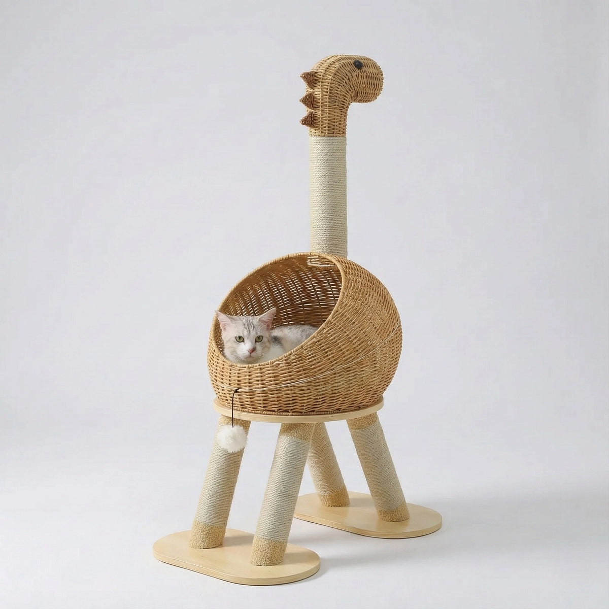 Arbre à Chat Design "Le Dino" 116 cm - Rotin Tissé & Sisal Naturel