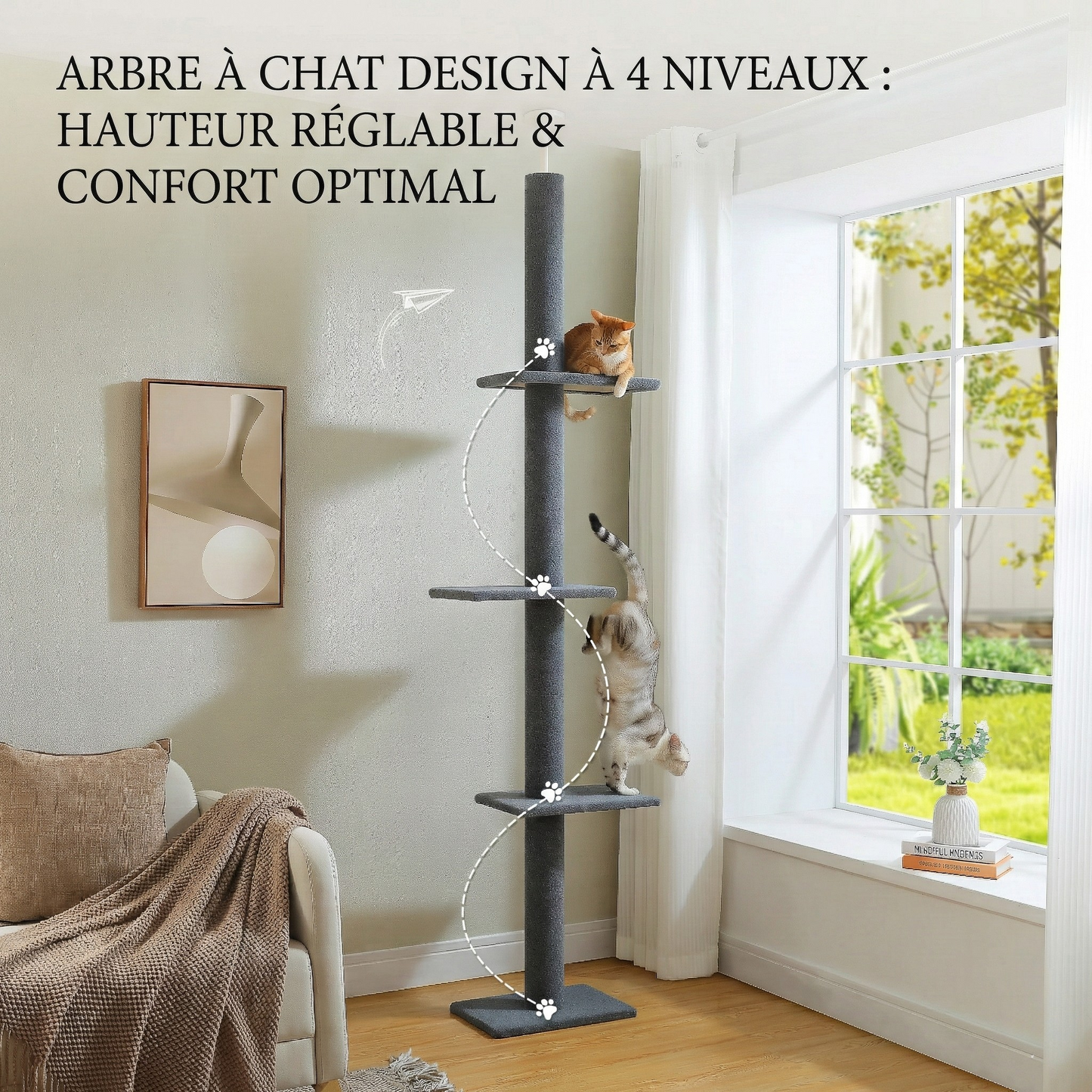 Arbre à Chat Plafond "Le Gratte-Ciel" - Ajustable (228-273cm) & Sans Perçage