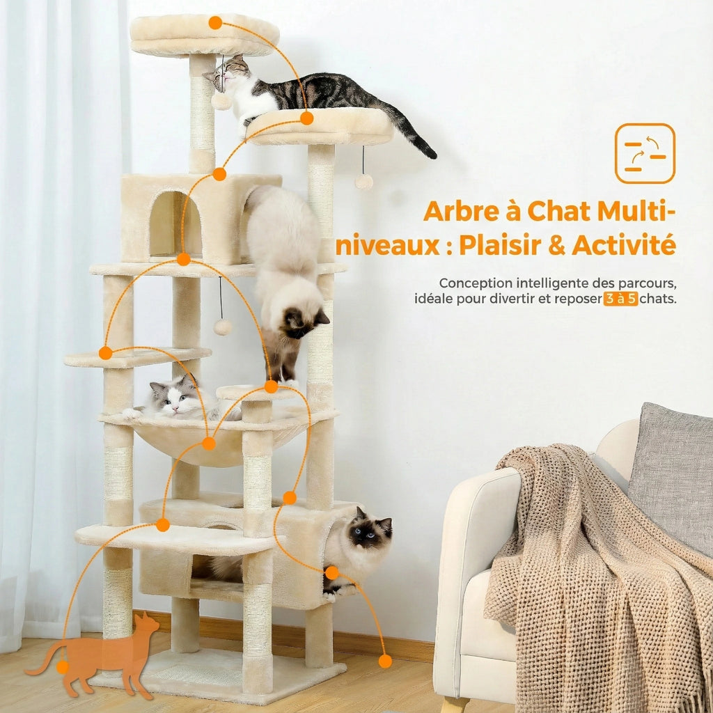 Arbre à Chat XXL 184 cm "L'Empire" - Coussins Lavables, Rampe & Niche Spacieuse
