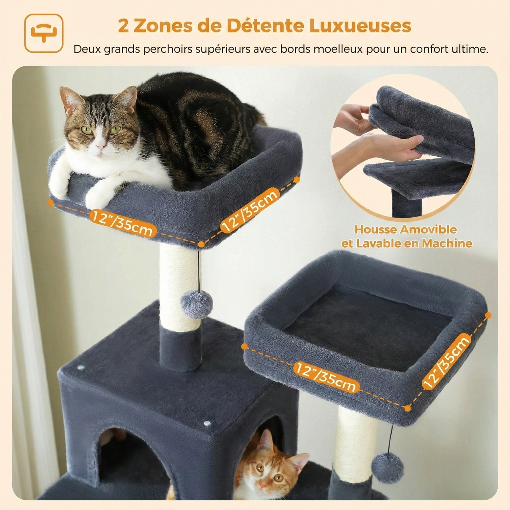Arbre à Chat XXL 184 cm "L'Empire" - Coussins Lavables, Rampe & Niche Spacieuse