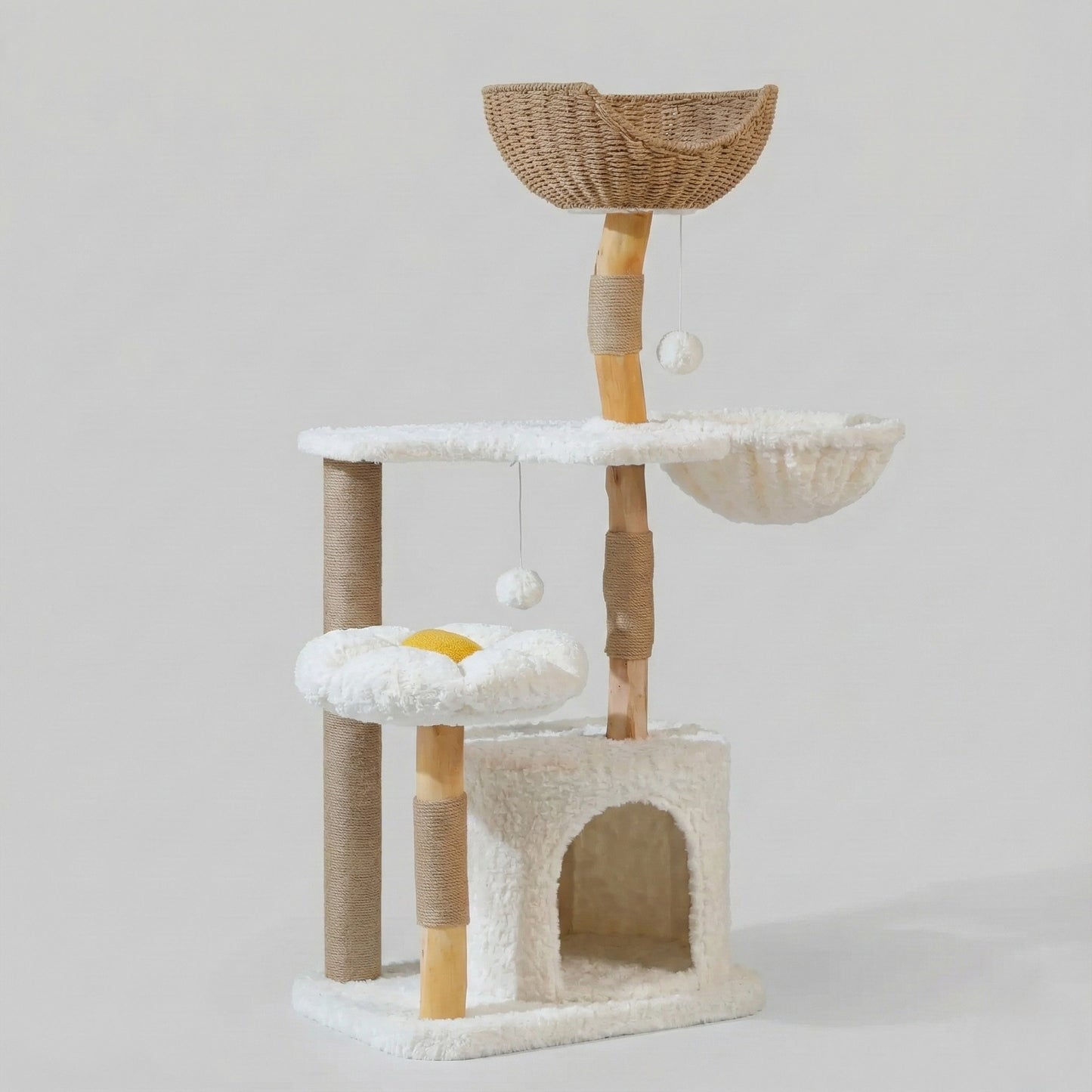 Arbre à Chat Design Fleur & Rotin 123 cm - Panier Tissé & Bois