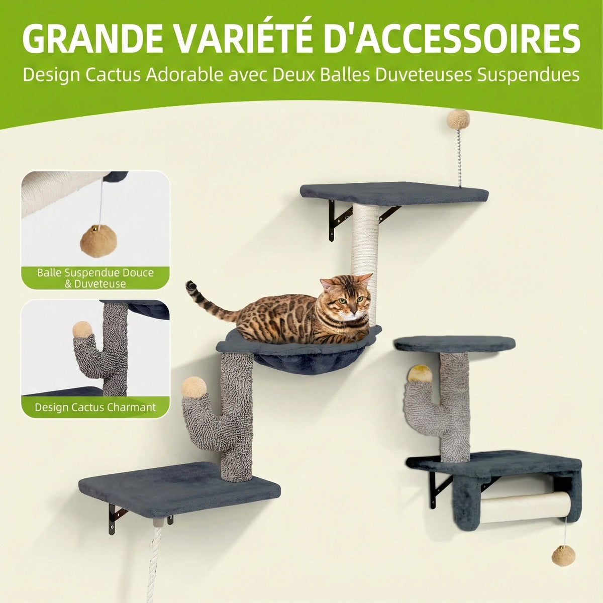 Parcours Mural Chat "Urban Cactus" 7 Pièces - Gris & Jaune avec Niche & Hamac