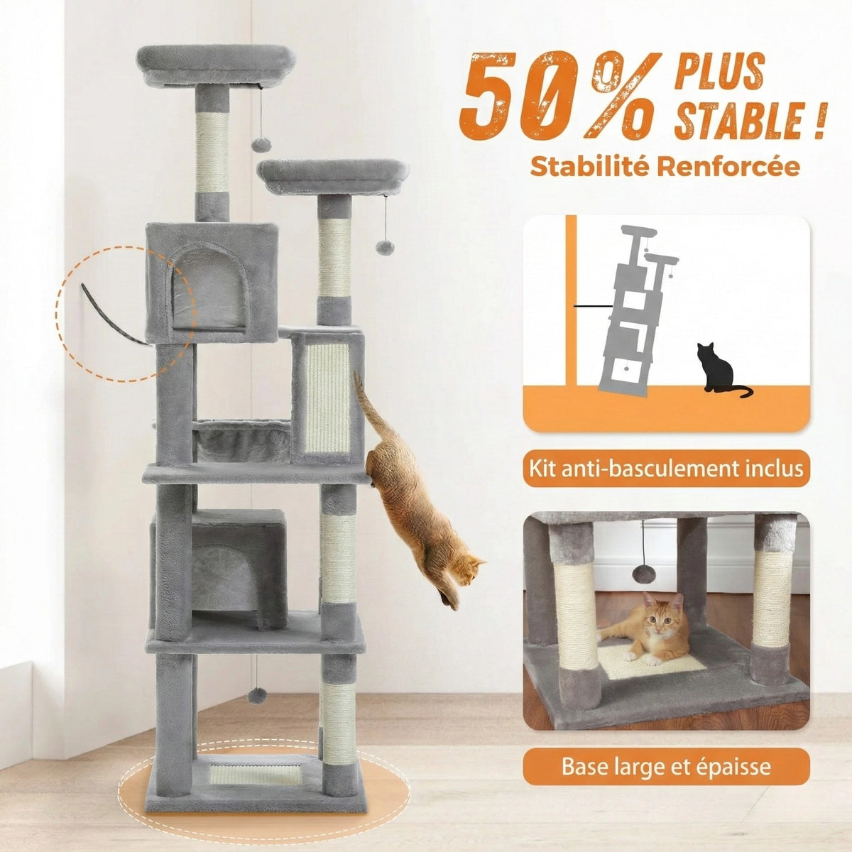 Arbre à Chat XXL 180 cm "Le Panoramique" - Double Perchoir & 2 Niches