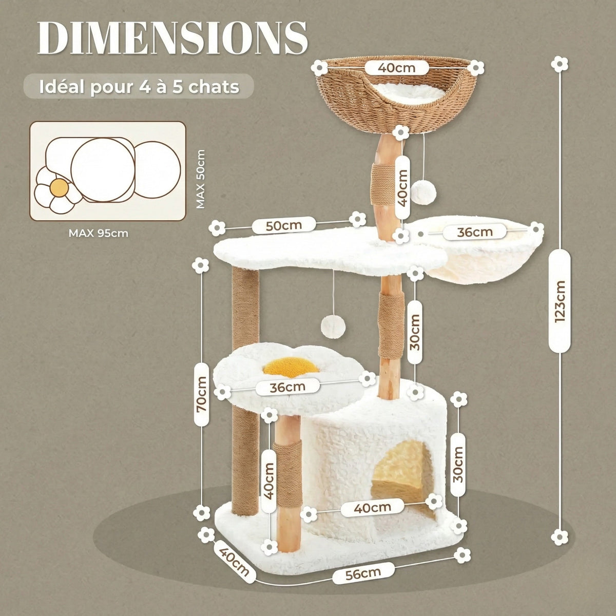 Arbre à Chat Design Fleur & Rotin 123 cm - Panier Tissé & Bois