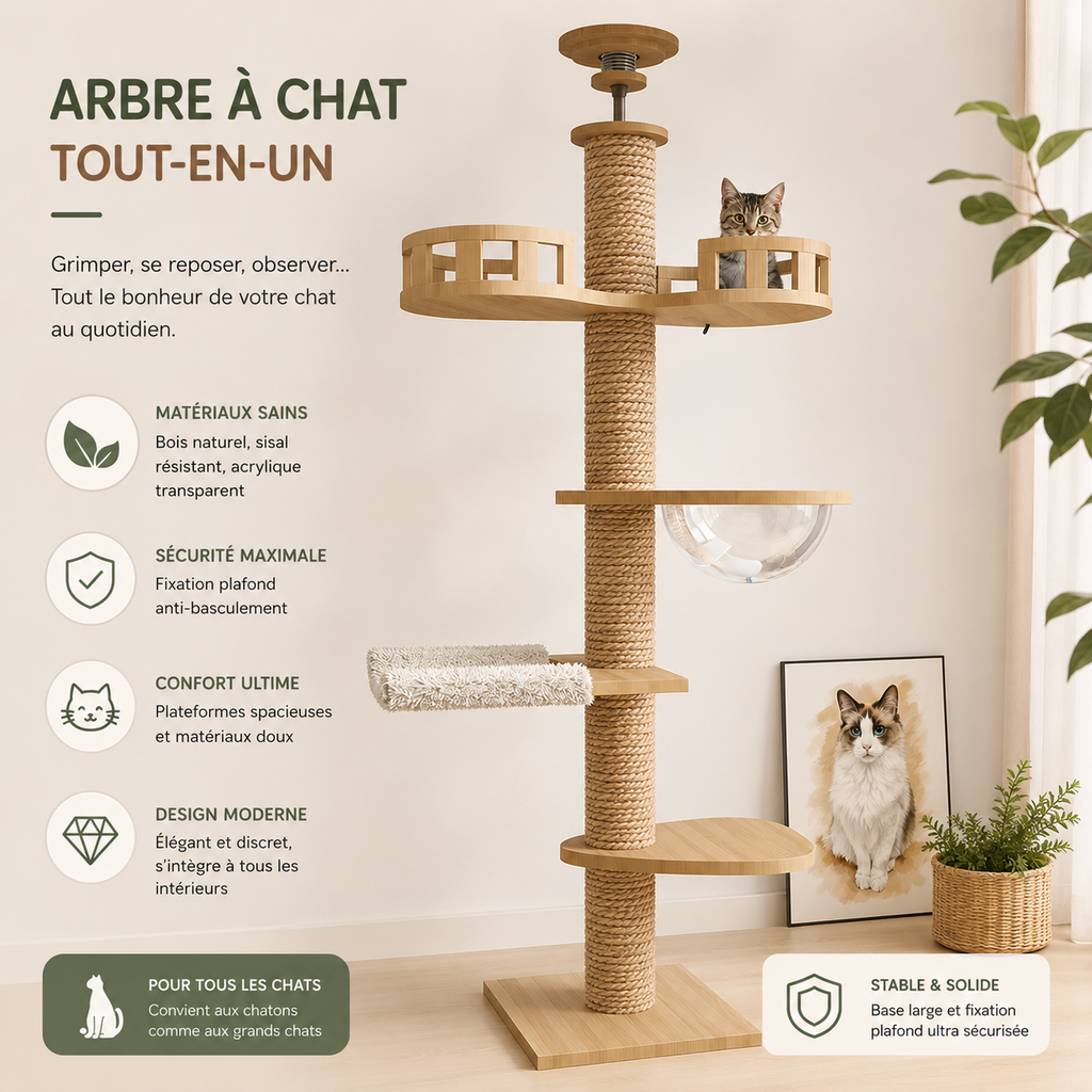 Arbre à Chat Plafond "Le Zénith" - Bois Massif & Fixation Triple Sécurité
