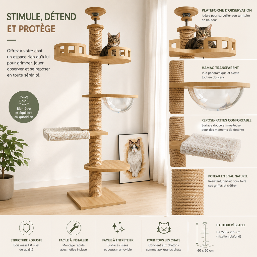 Arbre à Chat Plafond "Le Zénith" - Bois Massif & Fixation Triple Sécurité