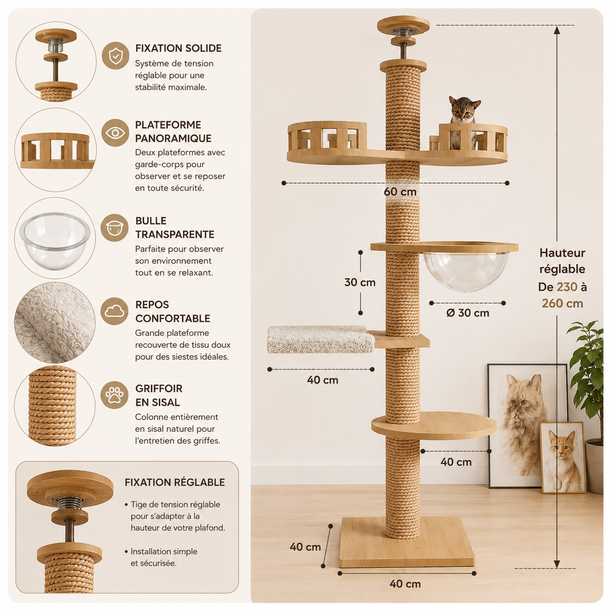 Arbre à Chat Plafond "Le Zénith" - Bois Massif & Fixation Triple Sécurité