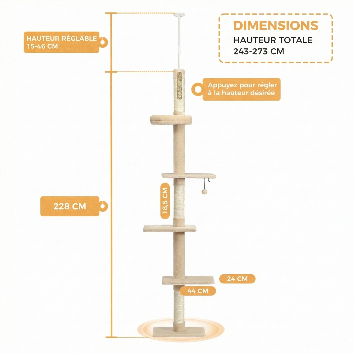 Arbre à Chat Plafond "Le Gratte-Ciel" - Ajustable (228-273cm) & Sans Perçage