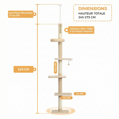 Arbre à Chat Plafond "Le Gratte-Ciel" - Ajustable (228-273cm) & Sans Perçage