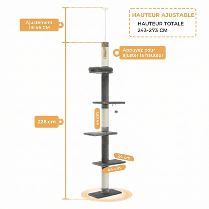 Arbre à Chat Plafond "Le Gratte-Ciel" - Ajustable (228-273cm) & Sans Perçage