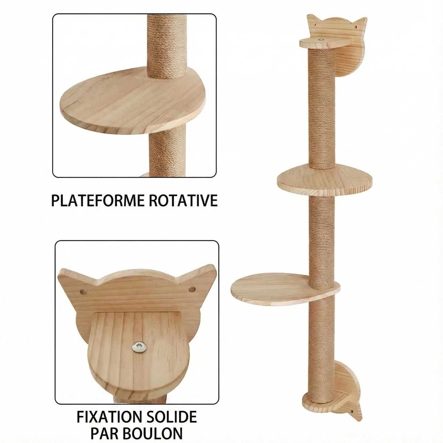 Arbre à Chat Mural "Vertical Wood" 105 cm - Poteau Griffoir & Plateformes Pivotantes