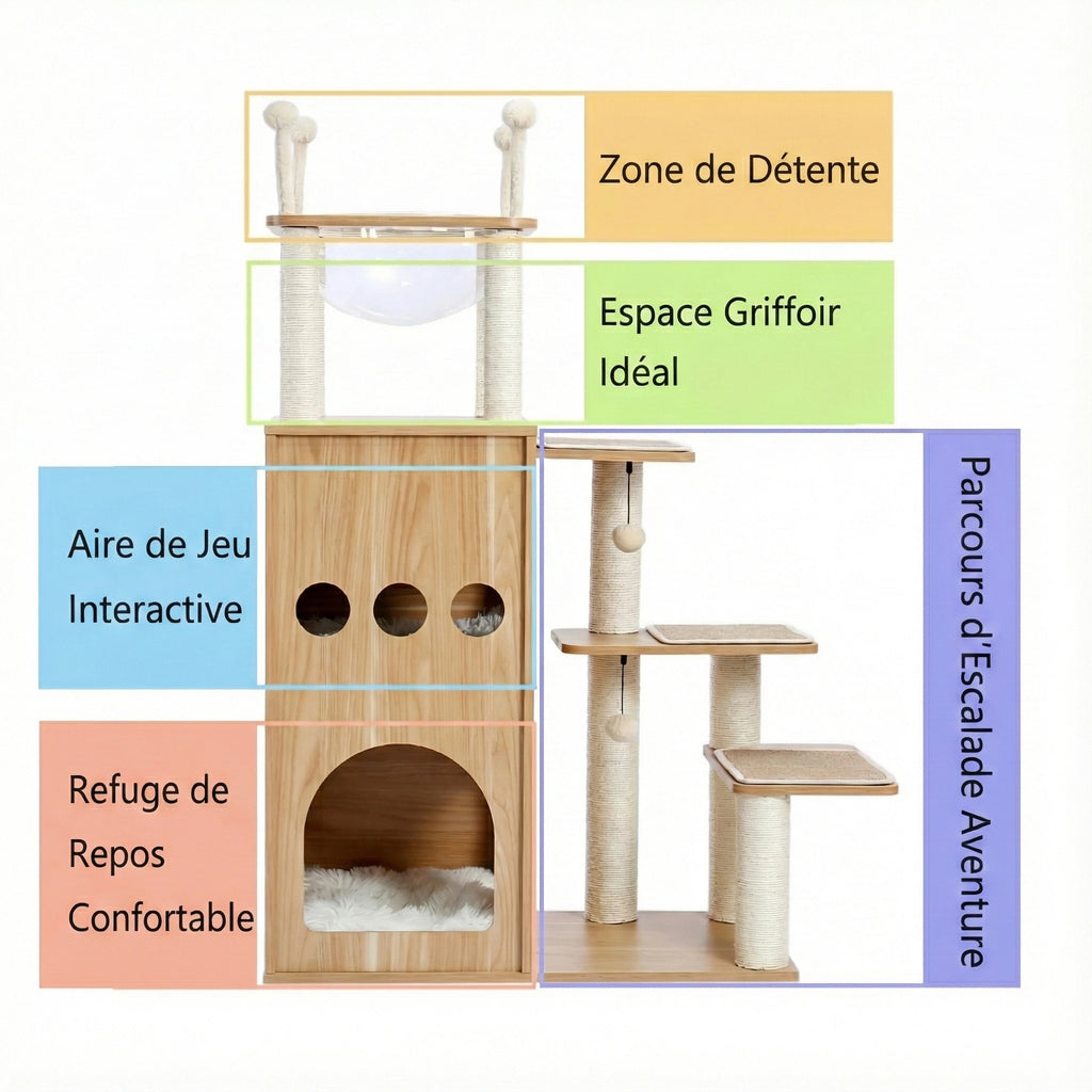 Arbre à Chat Bois Moderne "Le Château" 130 cm - Capsule Transparente & Coussins Lavables